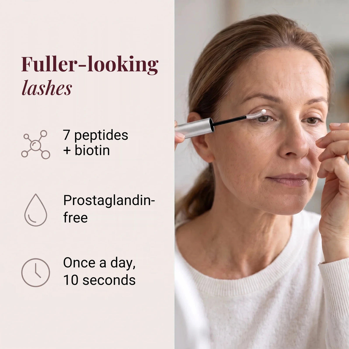 Infographic: fuller-looking lashes with 7 peptides and biotin, prostaglandin-free, once a day in 10 seconds