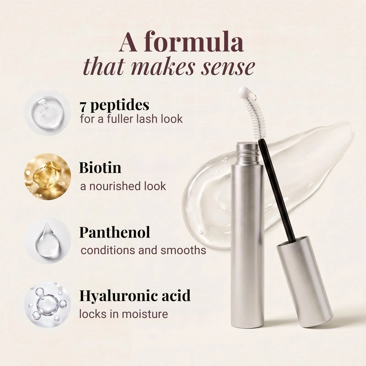 Ingredients infographic: 7 peptides, biotin, panthenol and hyaluronic acid