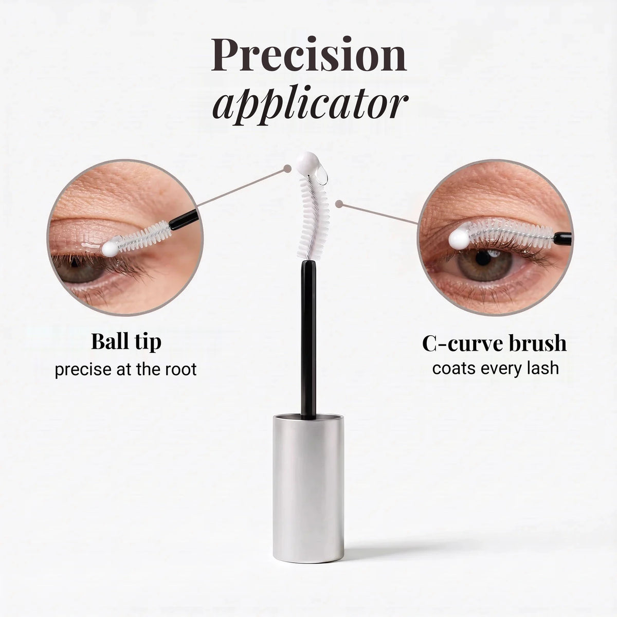 Precision applicator with ball tip and curved C-shaped brush